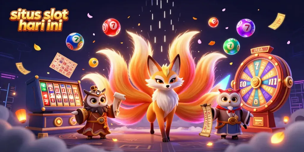 Visualisasi situs slot gacor hari ini dengan karakter kartun 3D, elemen permainan, dan efek ceria.