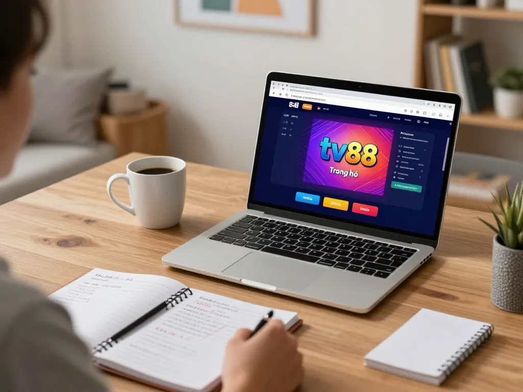 Engaged player using tv88 Trang chủ for online gambling strategies at a stylish desk.