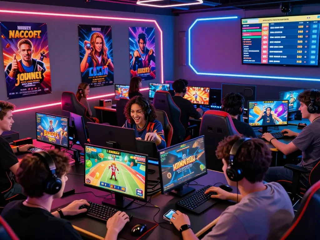hitclub gaming community with diverse players enjoying online games in vibrant futuristic lounge atmosphere.