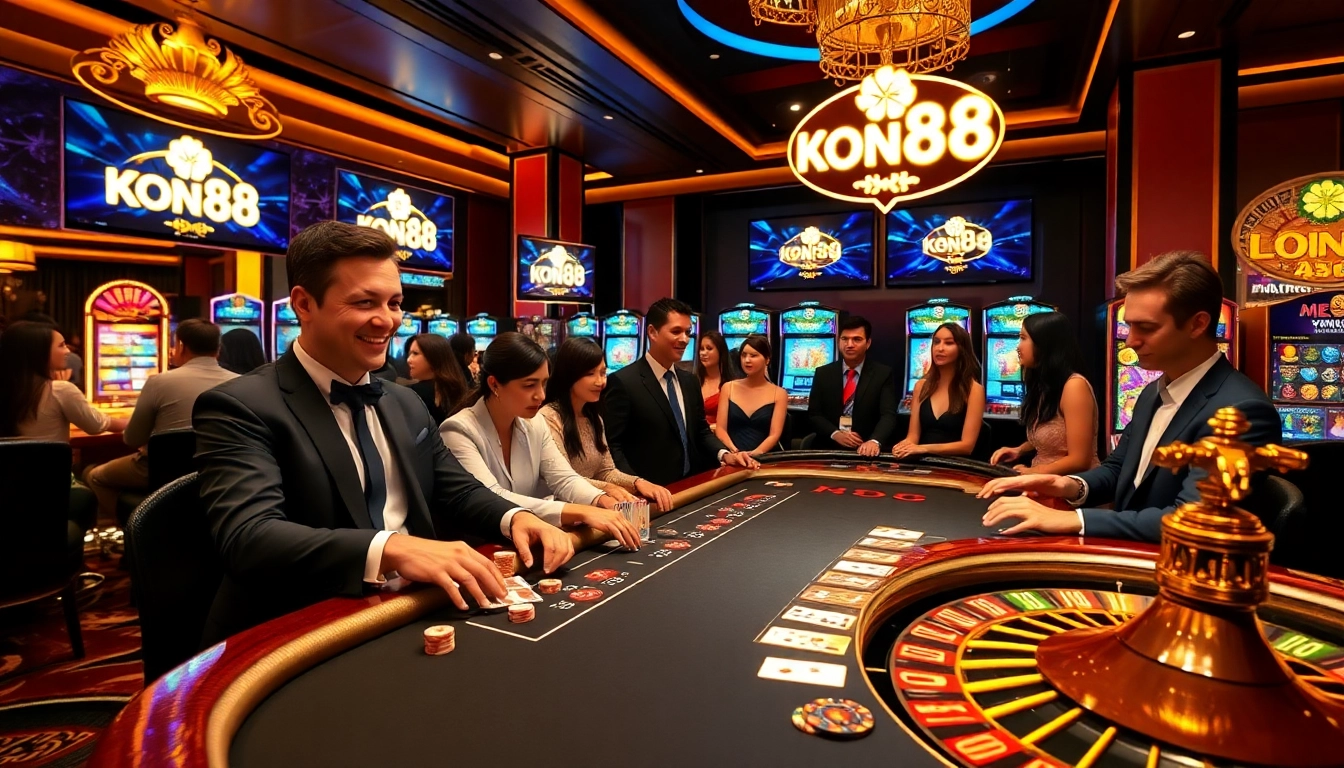 KONG88 enhances the thrill at a luxurious blackjack table, showcasing engaging players in action.