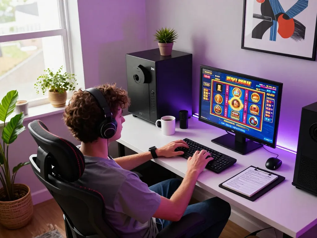 Melakukan aksi pada permainan slot toto dari pengaturan kantor rumah modern, menampilkan catatan strategi.