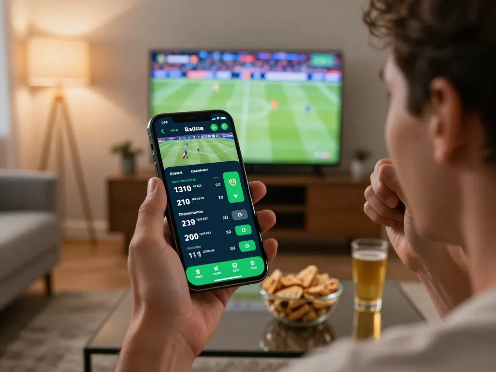 Engaging sports betting moment with the debet app on a smartphone showing live odds and scores.
