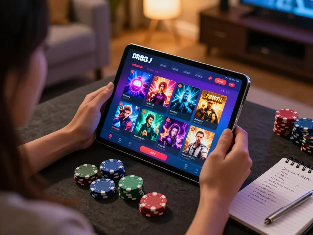 Engaging in online gaming on DR88 app with a cozy home setting.