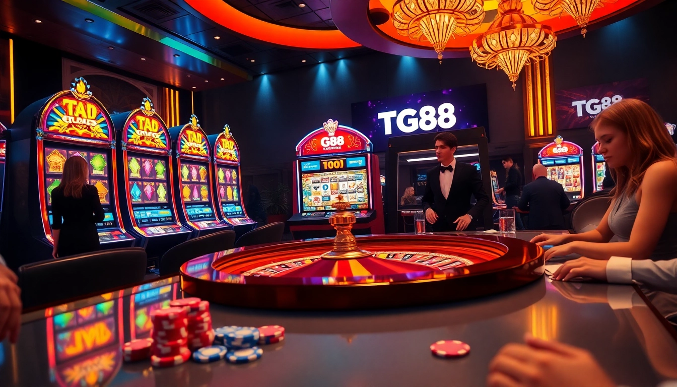 Experience the vibrant excitement of tg88.com with a captivating casino scene featuring colorful slot machines and eager players.