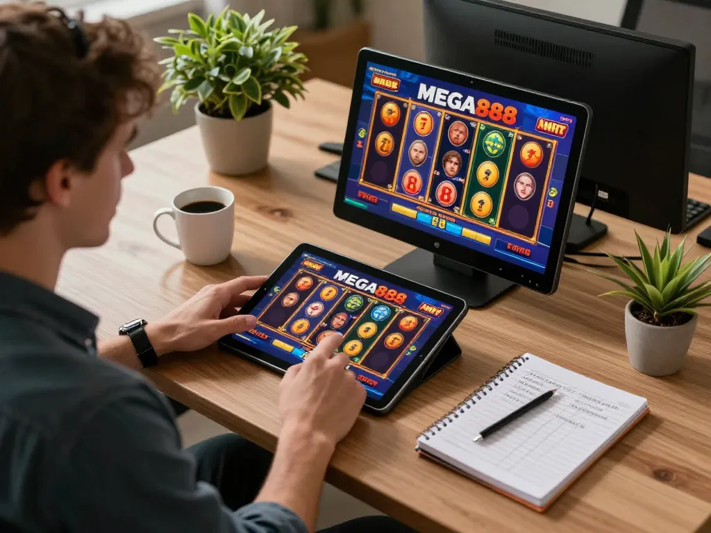 Engaged player experiencing MEGA888 slot game on a tablet in a cozy gaming setup.