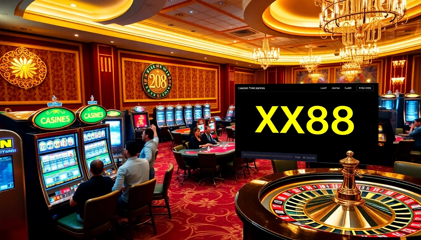 Action-packed gaming experience at XX88 casino with thrilling players and luxurious tables.