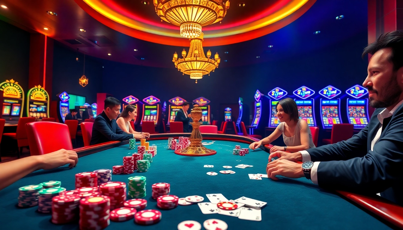 Rikvip players enjoying an exciting game at a luxurious casino table.