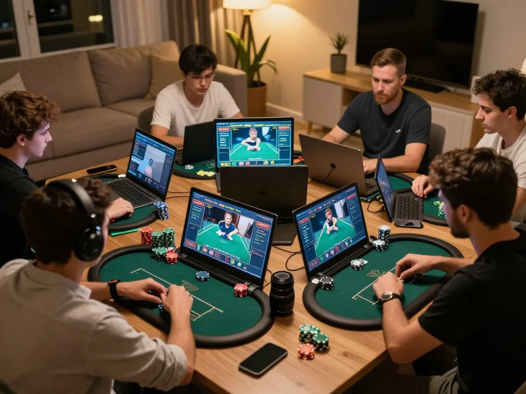 Players engaging in a thrilling online poker tournament with F8BET on their screens in a cozy home setup.