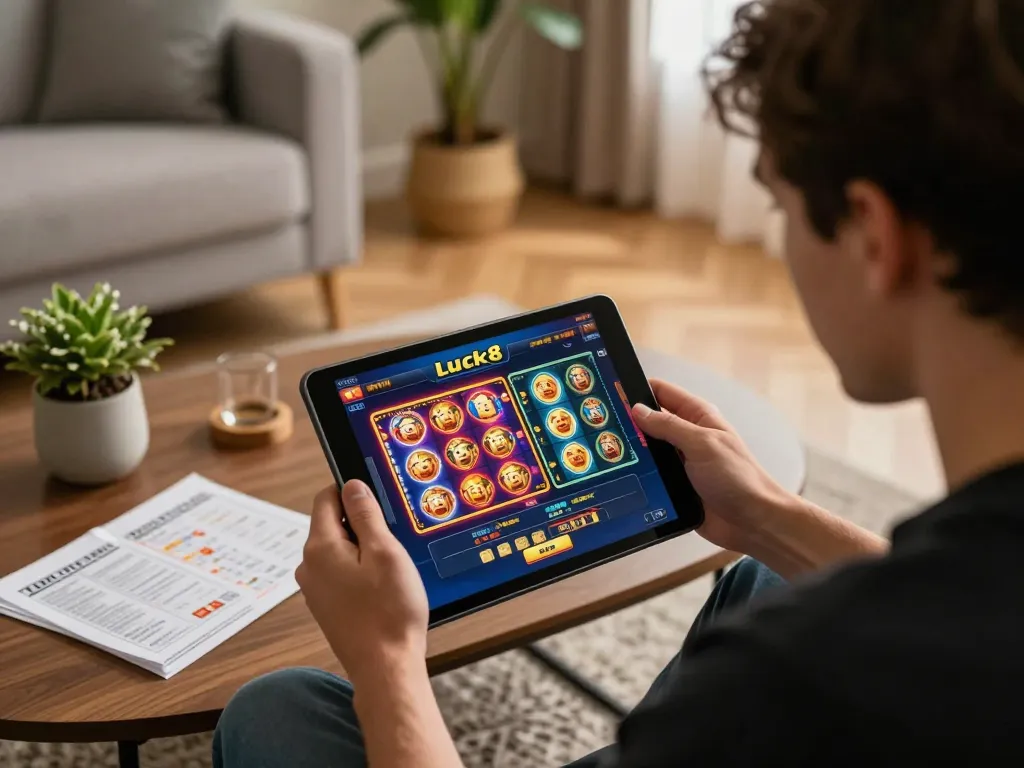 Engaged gambler using Luck8 app on tablet in a cozy home setting, showcasing online gaming.