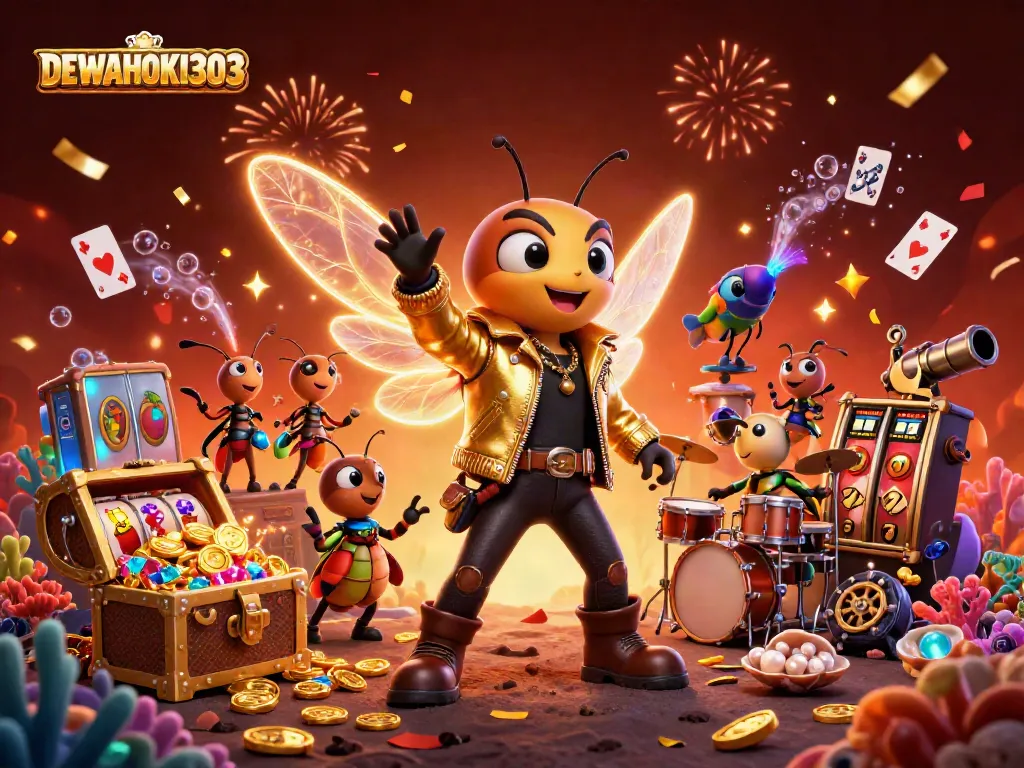 DEWAHOKI303 membuka peluang jackpot besar dalam ilustrasi penuh warna dengan karakter dan elemen kasino.