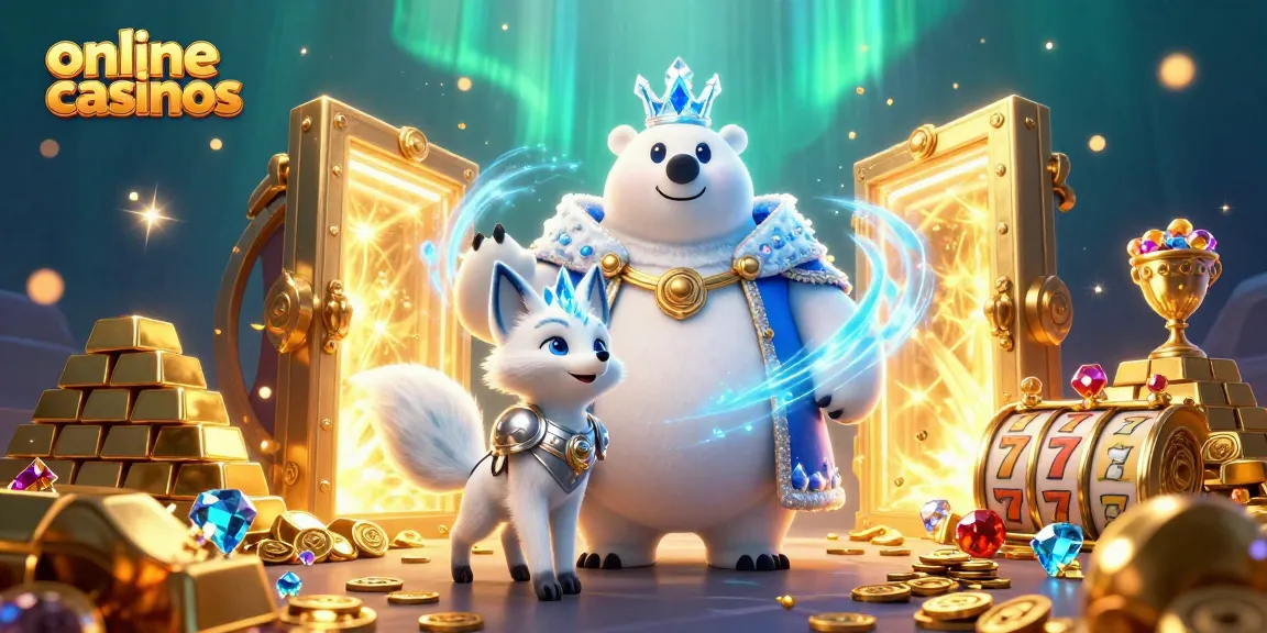 Engage in thrilling online casinos gameplay featuring a polar bear king and snow fox amidst vivid treasures.