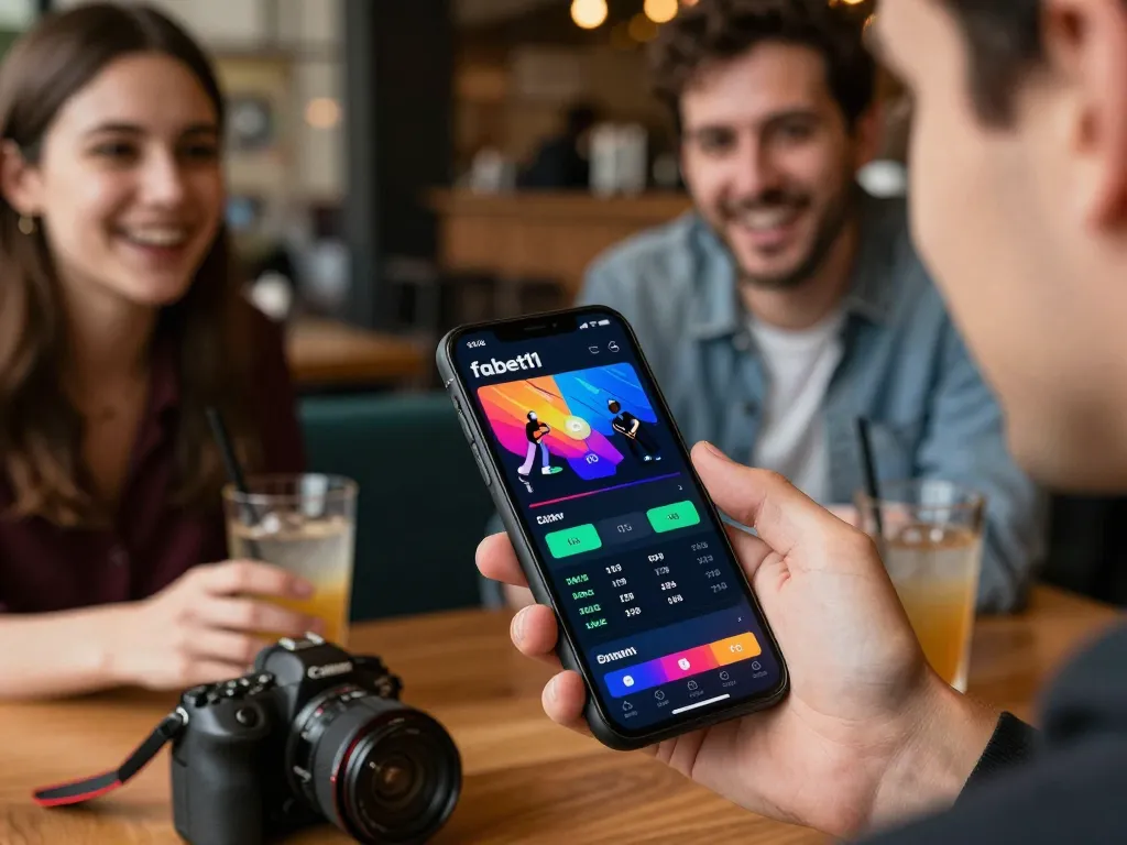 Betting on fabet11 using a smartphone in a lively setting with friends experiencing the thrill of sports betting