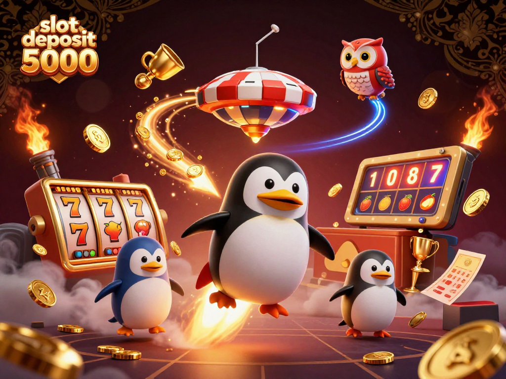 Experience thrilling wins at slot deposit 5000, featuring golden penguin and casino elements in a vibrant space theme.