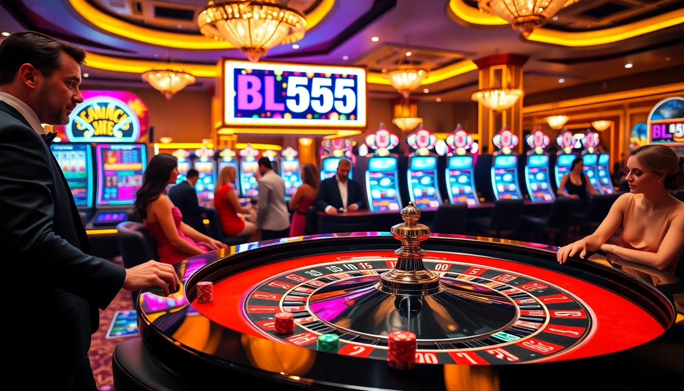 Players engaging in a thrilling casino game scene at BL555 with roulette and vibrant chips.
