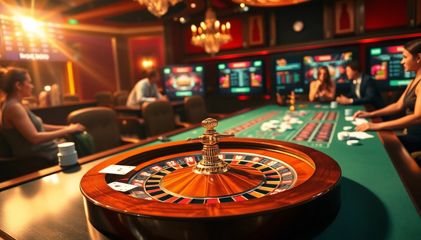 Engaging players at a sleek gambling table with e2 bet poker chips and a roulette wheel in a luxurious casino setting.