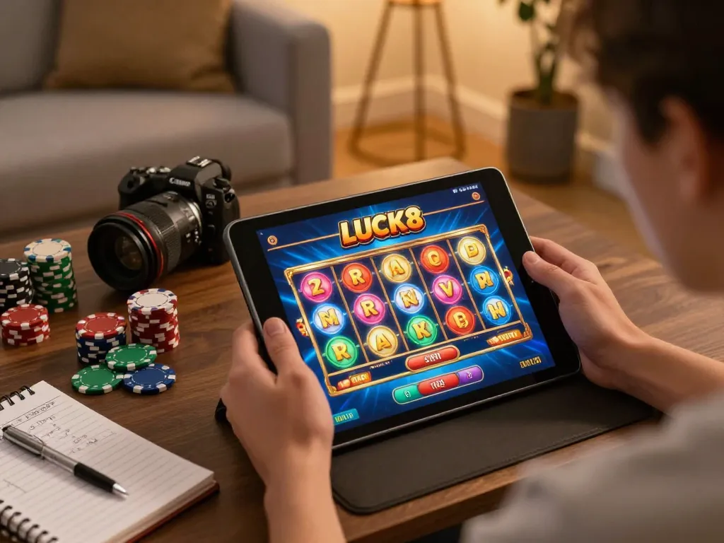 Trải nghiệm trò chơi hấp dẫn trên ứng dụng LUCK8 với hình ảnh slot sống động và ghi chú chiến lược.