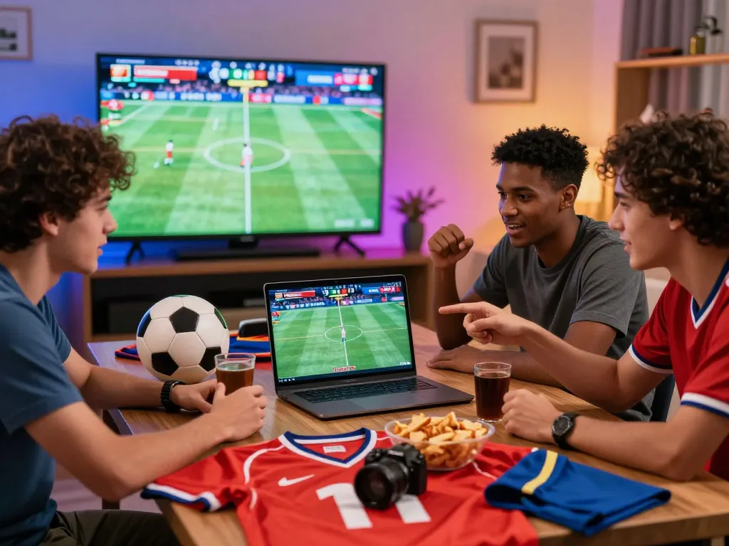 Friends engaging in judi bola betting with a vibrant sports atmosphere and live game coverage.