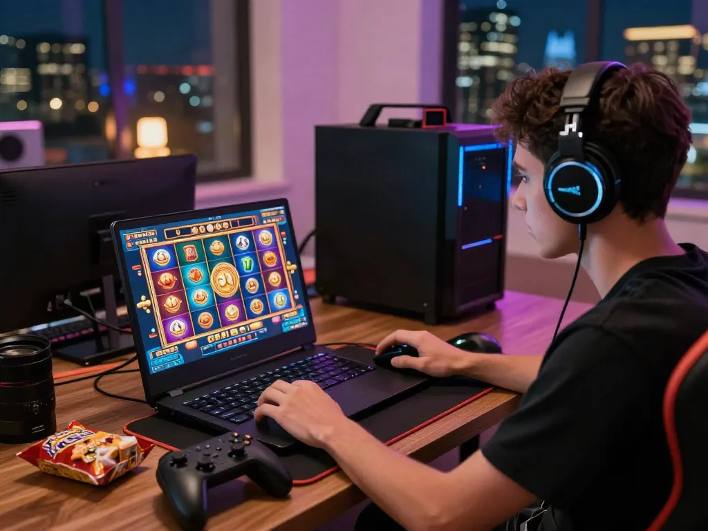 Player enjoying akunjp online slots in a vibrant gaming setup surrounded by digital excitement.