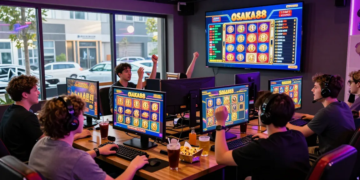 Exciting OSAKA88 slot gaming session with diverse players cheering in a vibrant lounge.