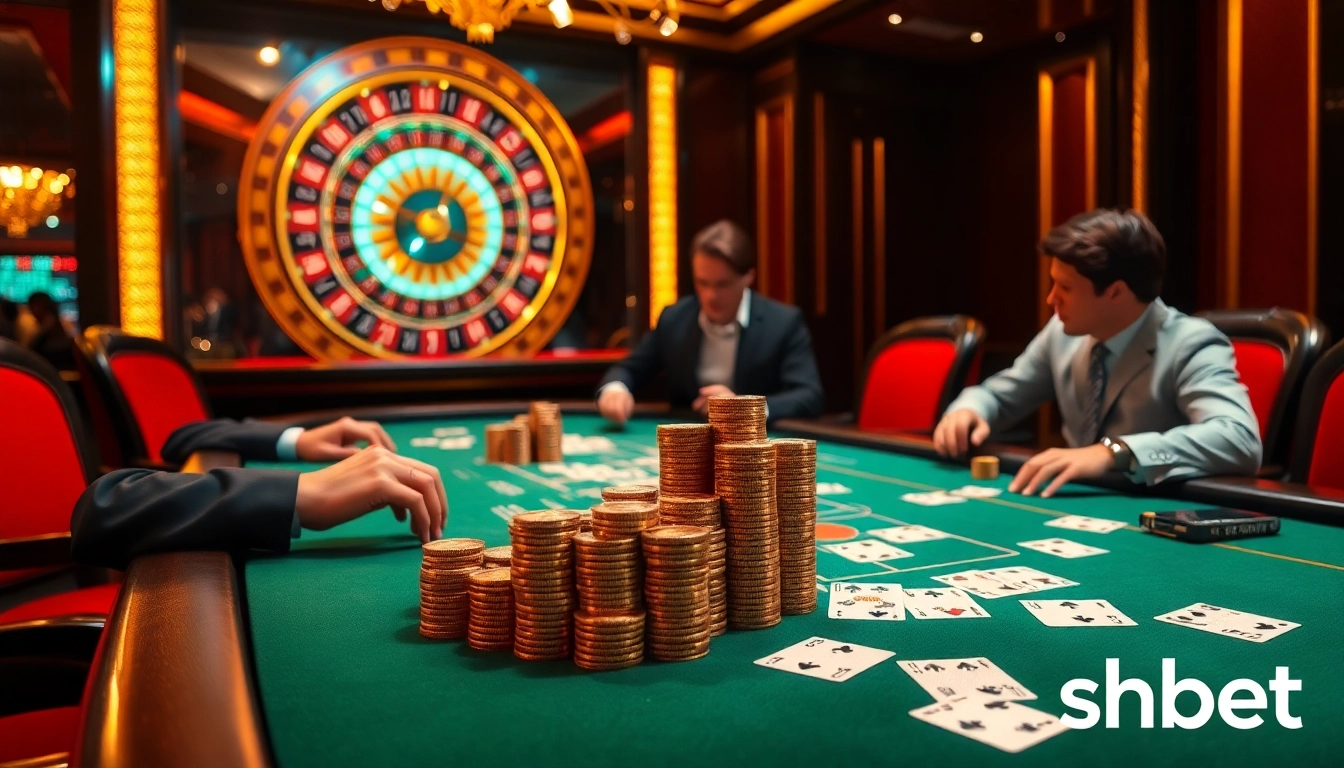 Exciting poker game at shbet casino with players, chips, and roulette wheel.