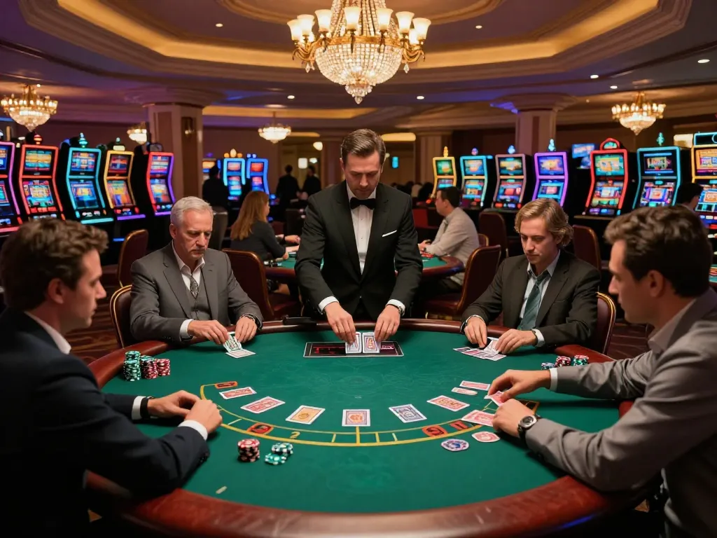 Players at blackjack tables enjoying free casino bonus promotions in a vibrant casino atmosphere