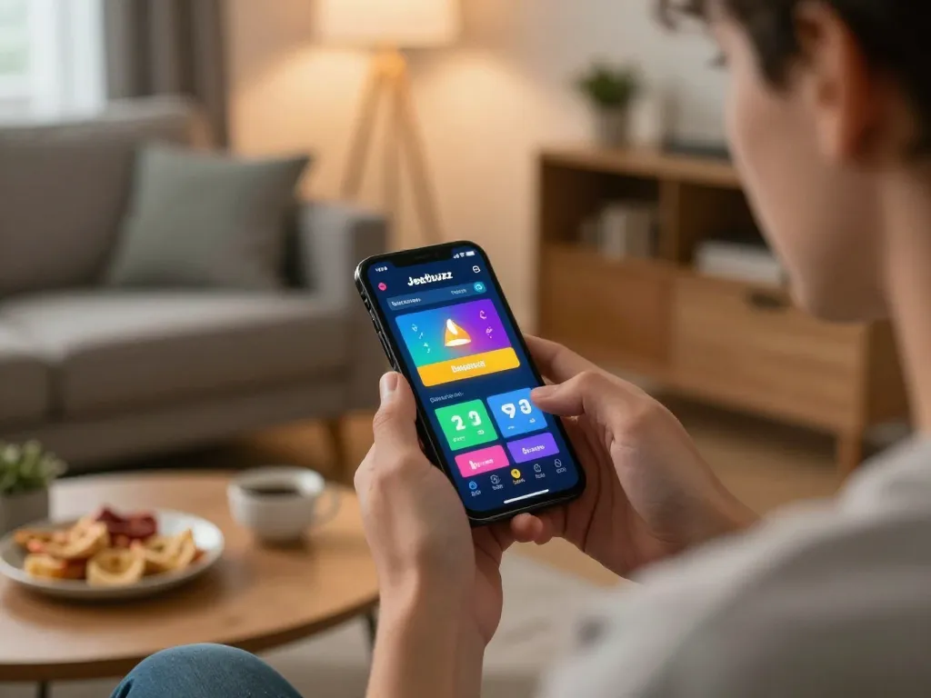Engaging with the Jeetbuzz Download App on a smartphone in a cozy home environment, showcasing online betting options.
