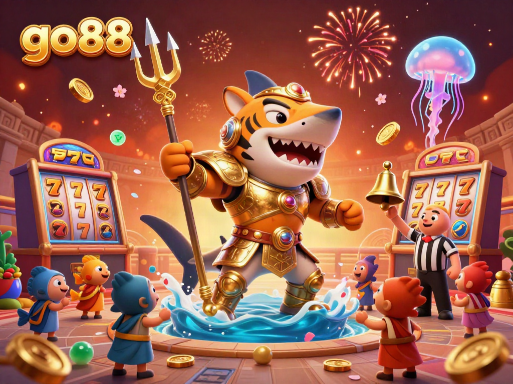 Experience go88 with thrilling slot games featuring a powerful shark gladiator in a vibrant underwater colosseum.