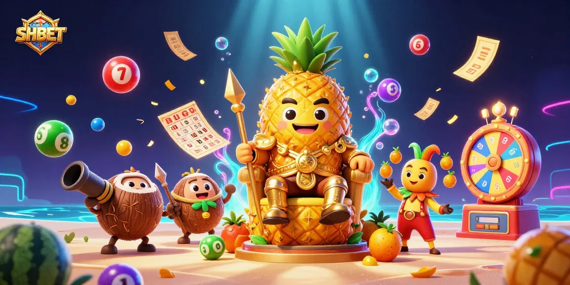 Experience vibrant SHBET gaming with a golden pineapple king in this dynamic casino scene.