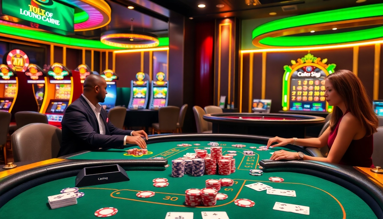 The thrilling gameplay experience at https://taixiumd5.fan/ with players engaged at a vibrant casino table surrounded by exciting gaming elements.