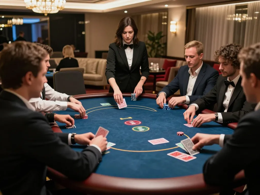GO8 players engage in high-stakes poker at an elegant VIP table in a luxurious casino atmosphere
