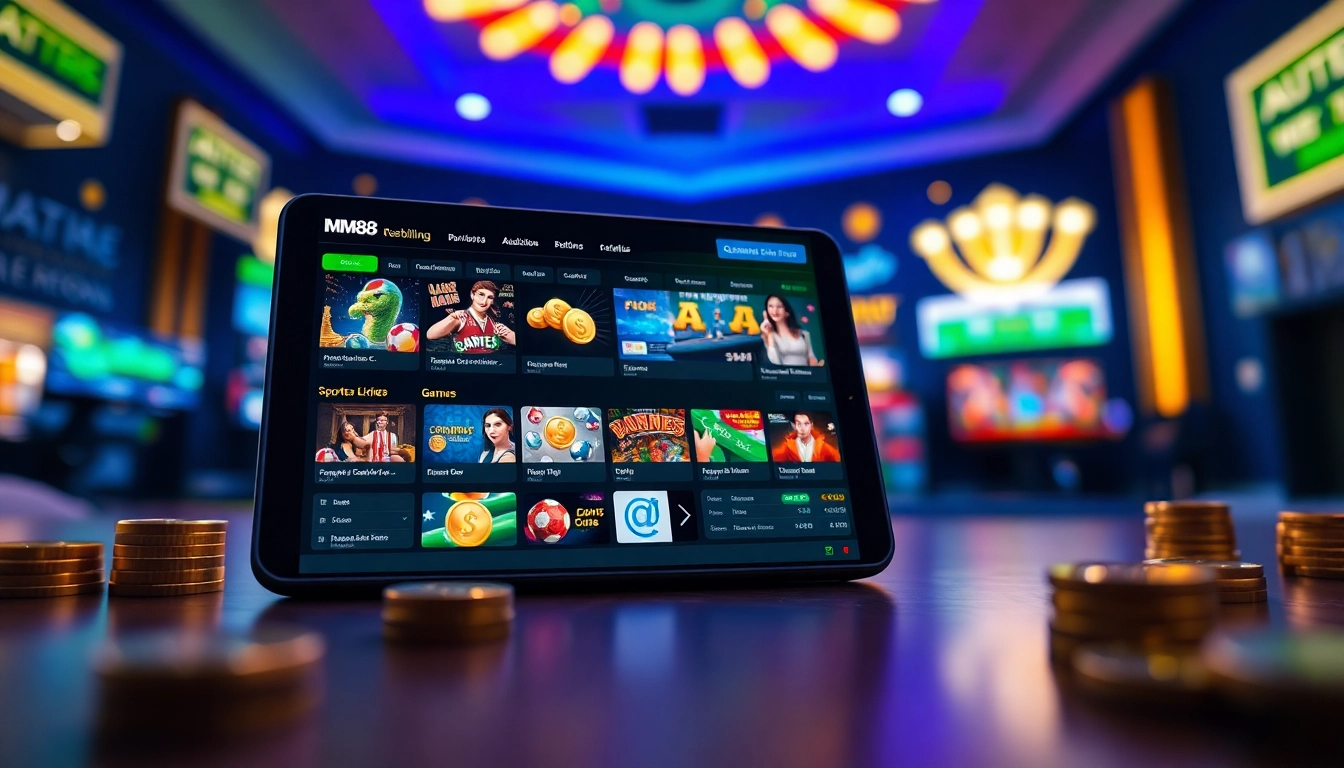 MM88 online gambling platform featuring a sleek interface with diverse gaming options and vibrant colors.
