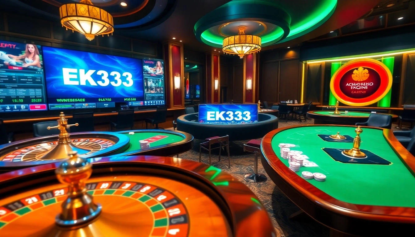 Engage in thrilling games at https://ek333pro.com/ with vibrant casino tables, cards, and roulette wheels.