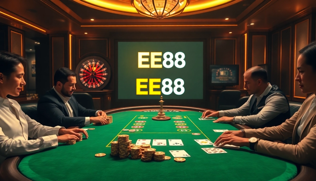 High-stakes poker action at EE88 casino with luxurious ambiance and professional players.