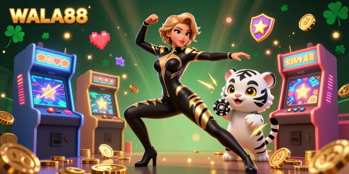 Engage with thrilling moments at WALA88, featuring an acrobatic woman and a playful white tiger amidst dynamic casino elements.