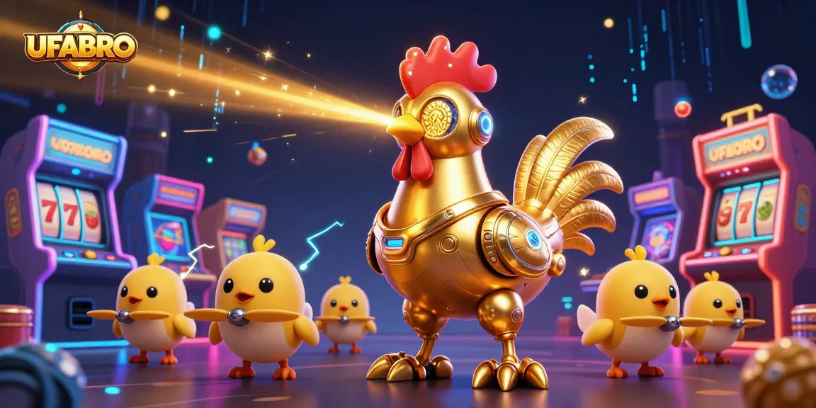 Win big with UFABRO featuring dynamic 3D rooster robot, arcade games, and colorful casino elements.