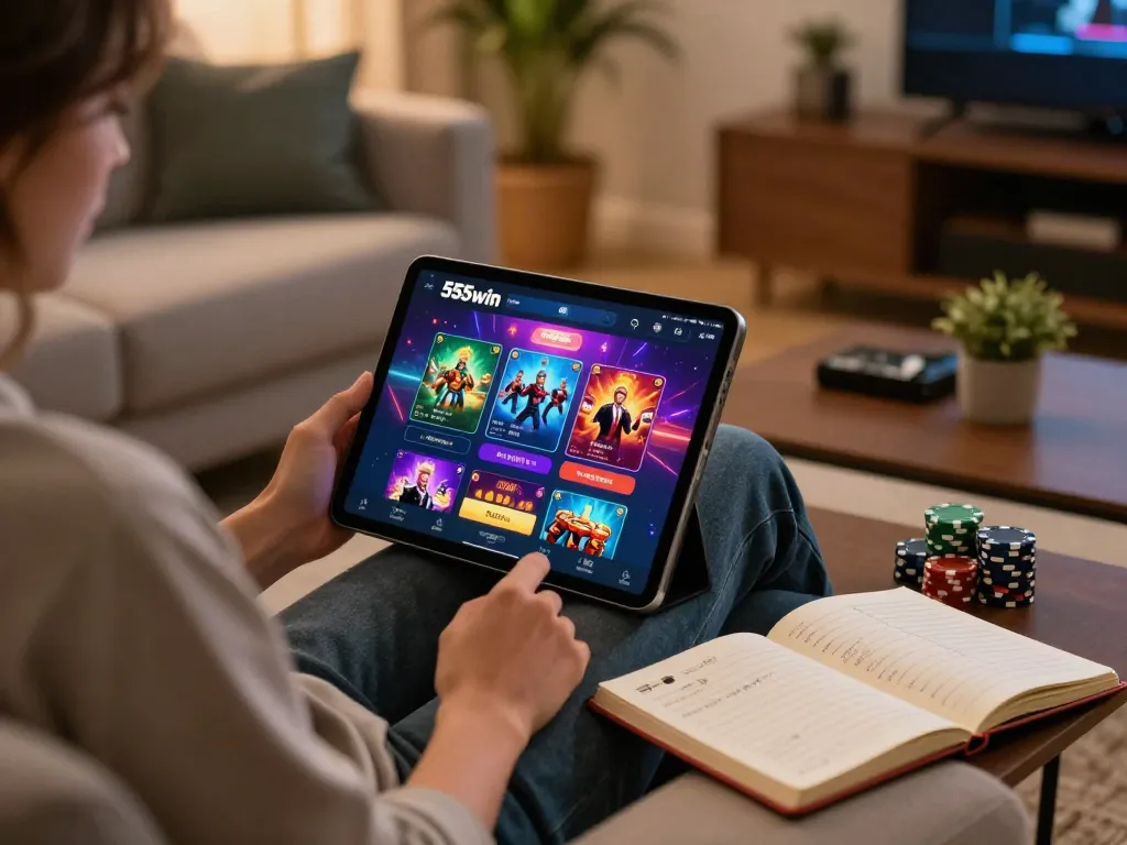 Engaging with the 555win casino app for an exciting online gaming experience on a cozy sofa