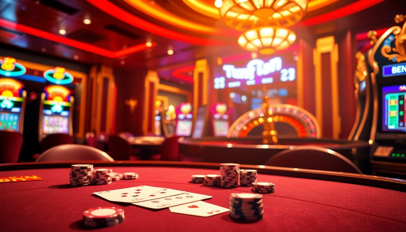 Players enjoy high-stakes action at 88nn's luxurious casino, featuring cards, chips, and slot machines.