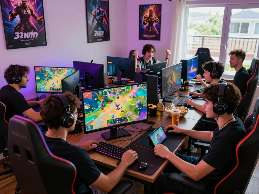 Exciting online gaming experience with 32win on colorful monitors and enthusiastic players.