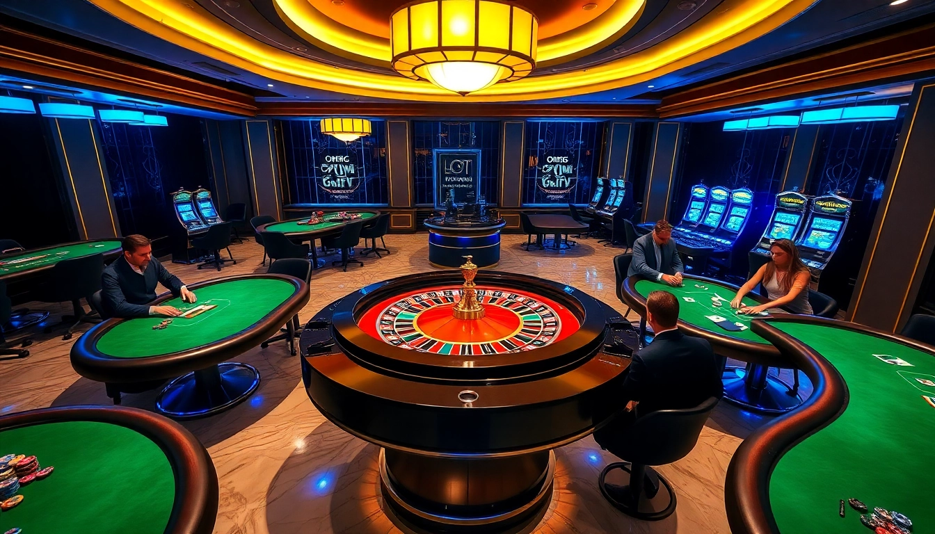 Experience an exciting game at OKFUN casino's vibrant roulette wheel surrounded by elegant tables.