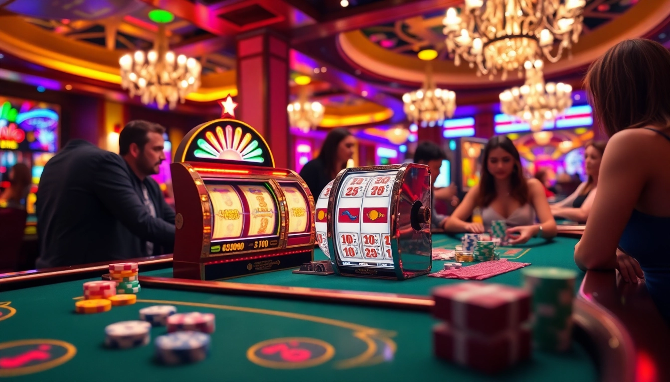 Players enjoy thrilling slot games at a vibrant casino, showcasing excitement and luxury.