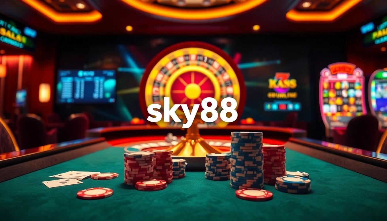 Experience the excitement at nhà cái sky88 with vibrant casino visuals featuring poker chips and a roulette wheel.
