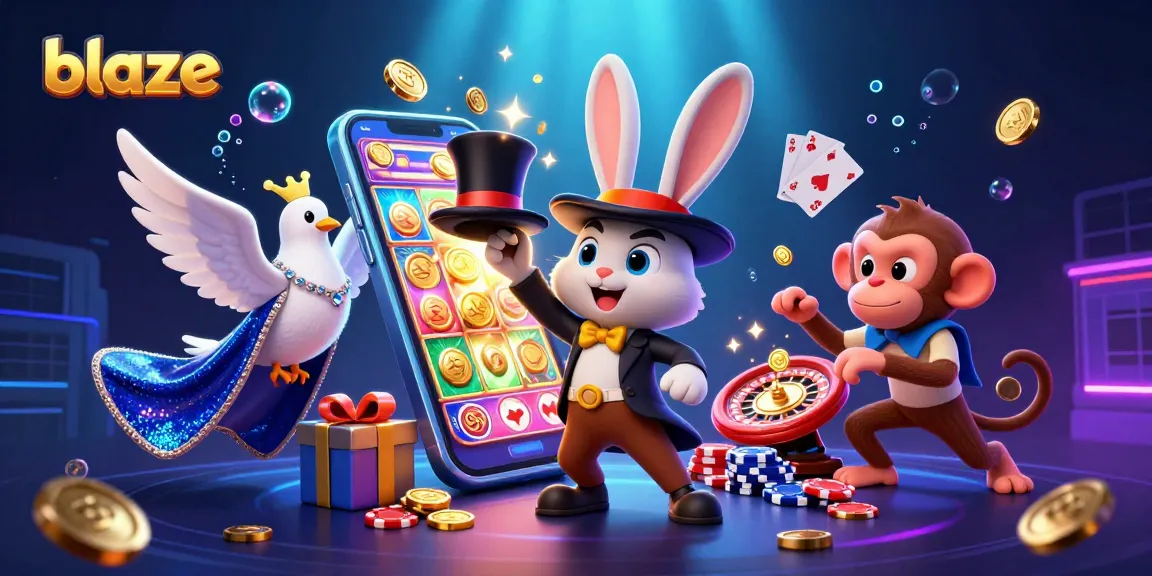Engage in thrilling casino adventures with blaze, featuring a magician rabbit, dove, and monkey amidst vibrant game elements.