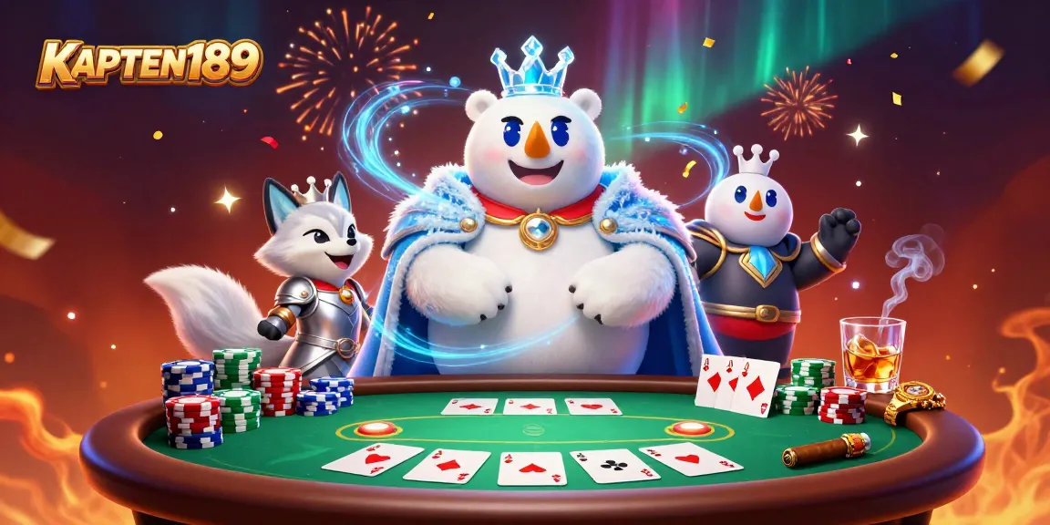 KAPTEN189 menampilkan kasino dengan raja es beruang kutub dan rubah salju yang dikelilingi chip poker dan perayaan