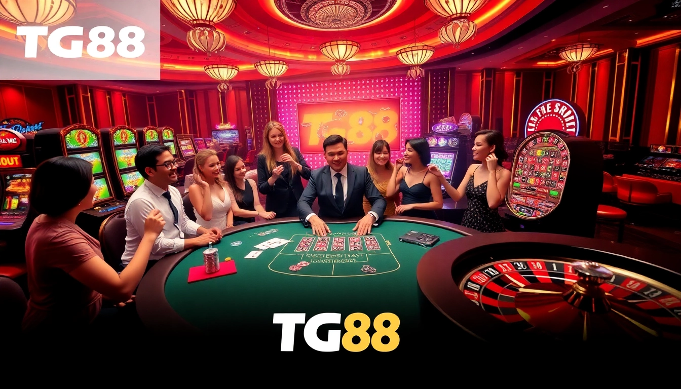 Players enjoy thrilling wins at a TG88 casino table with vibrant chips and slot machines.