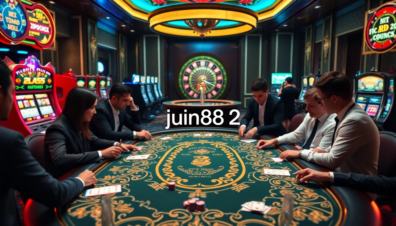 Experience high-stakes gambling at jun88 2 with luxurious casino visuals featuring poker tables and action.