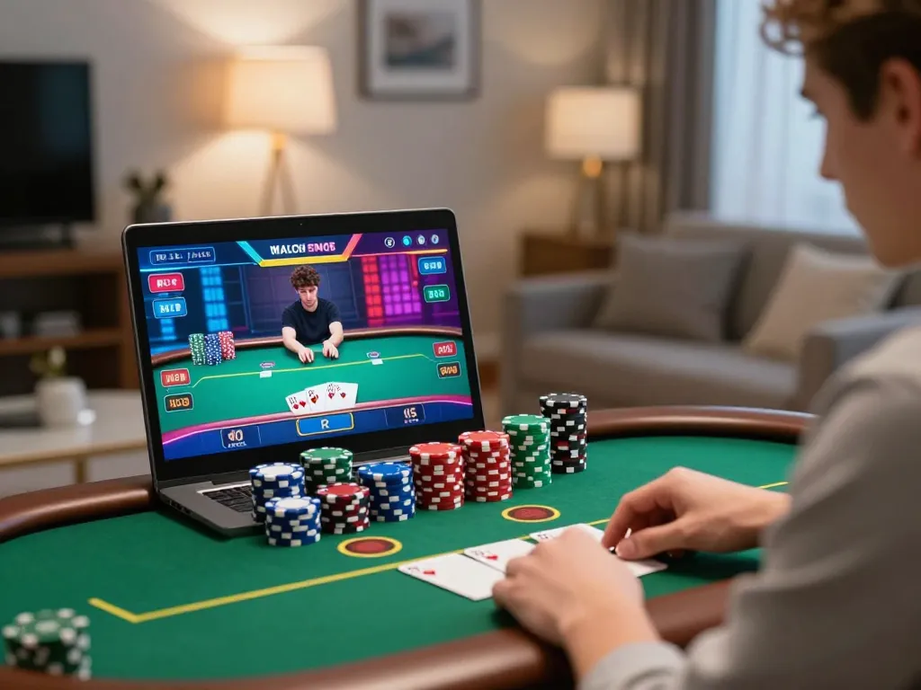 Player enjoying almlive online poker game with vibrant graphics displayed on laptop in a cozy setup.