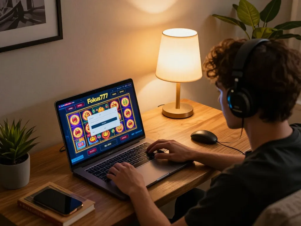 Player accessing the Fokus777 login on a laptop, engaged in a vibrant online slot game.
