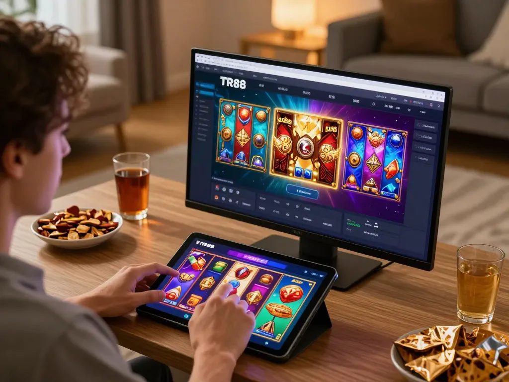 Engaging with Tr88 game on a tablet in a cozy home environment.
