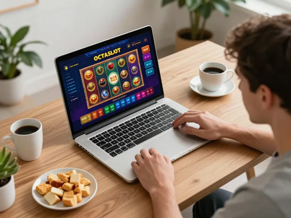 Player engaging with octaslot interface on a laptop, analyzing strategies in a cozy setting.