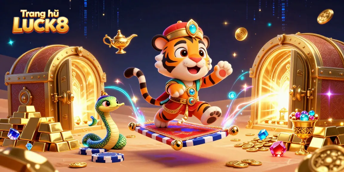 Experience the thrill of gambling at Trang chủ LUCK8 with an Arabian Nights theme featuring a tiger sultan and treasures.